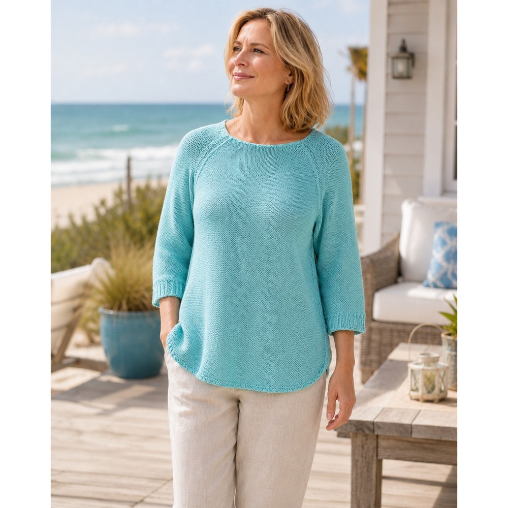 Chicos Turquoise Blueโ Open Knit 3/4 Sleeve Sweater Size 3 (XL) Beach Coastal
